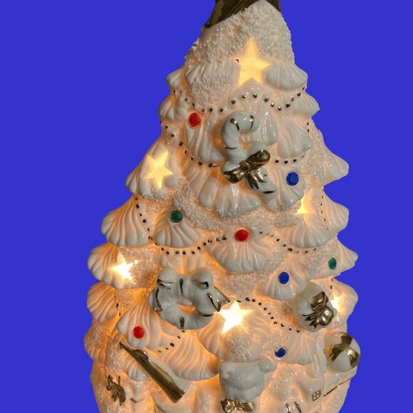 Ceramic Christmas Tree Lighted With Decorations And Gold Colored Accents - Picture 10 of 10